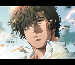 Rule 34 | 1boy, absurdres, black hair, blue eyes, city hunter, collared shirt, commentary request, copyright name, eyebrow cut, glass shards, hair over one eye, highres, letterboxed, male focus, outdoors, parted lips, saeba ryou, shirt, short hair, solo, upper body, white shirt, yuu (masarunomori)