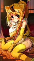 Rule 34 | 1girl, absurdres, animal ears, bangle, bare shoulders, blonde hair, blush, bracelet, elbow gloves, foot out of frame, gloves, golden snub-nosed monkey (kemono friends), high ponytail, highleg, highres, holding, holding staff, jewelry, kemono friends, long hair, looking at viewer, melaton, monkey ears, monkey tail, multicolored hair, ponytail, sitting, solo, staff, tail, thighhighs, wariza