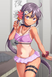 Rule 34 | 1girl, akebono (kancolle), bare arms, bare shoulders, bell, bikini, bikini pull, bikini skirt, blush, breasts, choker, clothes pull, commentary request, cowboy shot, depth charge, flower, groin, hair bell, hair flower, hair ornament, highres, indoors, jewelry, jingle bell, kantai collection, long hair, necklace, one-piece tan, purple eyes, purple hair, ring, ring necklace, scrunchie, side ponytail, skindentation, skirt, unworn skirt, small breasts, solo, stomach, swimsuit, tan, tanline, thigh strap, very long hair, wedding band, wrist scrunchie, yuki to hana