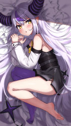 Rule 34 | 1girl, absurdres, aoi kurora, bad id, bad pixiv id, bare shoulders, barefoot, bed sheet, black dress, blush, commentary request, demon horns, detached sleeves, dress, frilled pillow, frills, grey hair, hair between eyes, hands up, highres, hololive, horns, la+ darknesss, long hair, long sleeves, looking at viewer, lying, multicolored hair, nail polish, no shoes, on side, parted lips, pillow, pointy ears, puffy long sleeves, puffy sleeves, purple hair, purple legwear, purple nails, single leg pantyhose, sleeves past wrists, solo, streaked hair, very long hair, virtual youtuber, white sleeves, yellow eyes