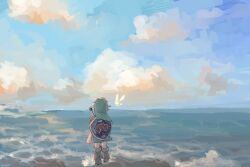 Rule 34 | 1boy, beach, blonde hair, blue sky, boots, brown footwear, child, commentary request, fairy, from behind, green hat, green tunic, hat, horizon, link, nintendo, pointy ears, shield, shield on back, sky, solo, sword, tatl, the legend of zelda, the legend of zelda: majora&#039;s mask, tunic, walking, weapon, weapon on back, yamori (yamoooon21), young link