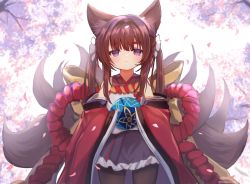 Rule 34 | 1girl, amagi-chan (azur lane), animal ears, azur lane, ball, black pantyhose, blunt bangs, blurry, brown hair, commentary request, depth of field, eyes visible through hair, fox ears, fox girl, fox tail, hair ribbon, holding, holding ball, japanese clothes, kimono, kitsune, kyuubi, long hair, looking at viewer, marekamico, multiple tails, off shoulder, pantyhose, purple eyes, ribbon, rope, shimenawa, sidelocks, solo, tail, thick eyebrows, twintails, wide sleeves