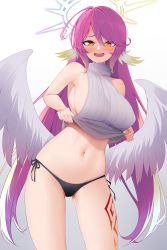 Rule 34 | 1girl, absurdres, bare arms, black panties, blush, breasts, commission, spiked halo, gradient background, hair between eyes, halo, highres, jibril (no game no life), large breasts, leg tattoo, lifted by self, long hair, looking at viewer, navel, no game no life, open mouth, panties, pink hair, side-tie panties, solo, tattoo, underwear, very long hair, wing ears, wings, yellow eyes, z.taiga
