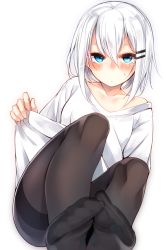 Rule 34 | 1girl, bare shoulders, black pantyhose, blue eyes, blush, collarbone, feet, foot focus, hair between eyes, hair ornament, hairclip, highres, looking at viewer, no shoes, off shoulder, original, otokuyou, pantyhose, ringo-chan (otokuyou), shirt, short hair, simple background, soles, solo, sweatdrop, white background, white hair