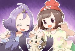 Rule 34 | 2girls, acerola (pokemon), beanie, black eyes, black hair, closed eyes, creatures (company), dress, elite four, fang, game freak, gen 7 pokemon, hair ornament, half updo, hat, mimikyu, multicolored clothes, multicolored dress, multiple girls, nintendo, open mouth, pokemon, pokemon (creature), pokemon sm, purple hair, red hat, selene (pokemon), shirt, short hair, short sleeves, stitches, tamute (2580rs), tied shirt, trial captain
