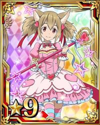 Rule 34 | 10s, 1girl, animal ears, argyle, argyle background, argyle clothes, blue ribbon, brown hair, card (medium), cat ears, cat tail, dress, feathers, hair ornament, hair ribbon, heart, heart hair ornament, holding, looking at viewer, magical girl, pink dress, red eyes, red ribbon, ribbon, short hair, silica, silica (sao-alo), smile, solo, staff, star (symbol), striped clothes, striped thighhighs, sword art online, tail, thighhighs, white feathers