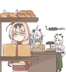 Rule 34 | 3girls, baguette, blue archive, blush, bread, chinatsu (blue archive), enobun3gyo, food, glasses, highres, hina (blue archive), holding, holding plate, holding tongs, iori (blue archive), long skirt, multiple girls, plate, purple eyes, red eyes, shirt, simple background, skirt, smile, sweater, table, tongs, twintails, white background, white hair, white shirt, yellow eyes