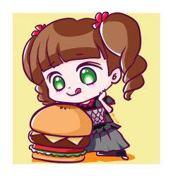 Rule 34 | babymetal, bow, brown hair, character request, food, green eyes, burger, long hair, lsize, sitting, tagme, tongue, twintails