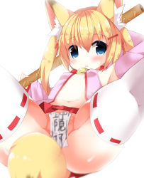 Rule 34 | 1girl, animal ear fluff, animal ears, bell, blonde hair, blue eyes, blurry, blurry foreground, blush, breasts, commentary request, depth of field, detached sleeves, fox ears, fox girl, fox tail, fuuna thise, hair between eyes, hair ornament, hairclip, holding, jingle bell, kemomimi oukoku kokuei housou, long hair, long sleeves, looking at viewer, maebari, mikoko (kemomimi oukoku kokuei housou), navel, ofuda, ofuda on pussy, parted lips, partially visible vulva, pleated skirt, red skirt, ribbon-trimmed legwear, ribbon trim, simple background, skirt, small breasts, solo, tail, thighhighs, twintails, virtual youtuber, white background, white thighhighs, wide sleeves