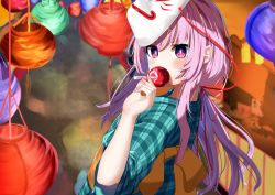 Rule 34 | 1girl, aqua shirt, blurry, blurry background, blush, bright pupils, candy apple, collared shirt, commentary request, covering own mouth, eating, food, garaudon, hair between eyes, hand up, hata no kokoro, highres, lantern, long hair, looking at viewer, looking back, mask, mask on head, noh mask, orange ribbon, paper lantern, pink eyes, pink hair, plaid, plaid shirt, red ribbon, ribbon, shirt, solo, touhou, upper body