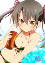 Rule 34 | 10s, 1girl, alcohol, alternate costume, bare shoulders, beer, bikini, blurry, blush, breasts, brown eyes, brown hair, camouflage, camouflage bikini, cleavage, dated, depth of field, front-tie bikini top, front-tie top, glass, hair between eyes, hair ribbon, halterneck, holding, jewelry, kantai collection, looking at viewer, necklace, ragho no erika, ribbon, signature, small breasts, smile, solo, swimsuit, twintails, zuikaku (kancolle)