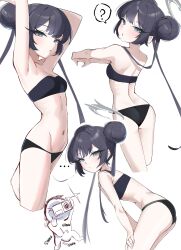 Rule 34 | ..., 1girl, ?, absurdres, alternate costume, armpits, arms up, back, bandeau, bikini, black bandeau, black bikini, black hair, blue archive, breasts, chibi, chibi inset, commentary, cropped legs, doodle sensei (blue archive), double bun, english commentary, expressionless, gen (unzzenasd), grey eyes, grey halo, groin, hair bun, halo, hand under clothes, hands on own knees, highres, implied masturbation, kisaki (blue archive), leaning forward, long hair, looking at viewer, masturbation, multiple views, navel, outstretched arms, sensei (blue archive), simple background, sketch, small breasts, sound effects, spoken question mark, stealth masturbation, swimsuit, taking picture, tsurime, white background