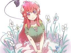Rule 34 | 1girl, ahoge, blue flower, blush, bow, breasts, bright pupils, circle skirt, collarbone, commentary request, curled horns, demon girl, demon horns, demon tail, flower, frilled skirt, frills, green shirt, hand on hand, highres, horns, icorasama, long hair, looking at viewer, machikado mazoku, medium breasts, medium skirt, outdoors, own hands together, pink bow, puffy short sleeves, puffy sleeves, red eyes, red hair, shirt, short sleeves, sidelocks, sitting, skirt, smile, solo, split mouth, tail, upper body, v arms, very long hair, white background, white flower, white skirt, yoshida yuuko (machikado mazoku)