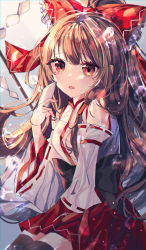 Rule 34 | 1girl, absurdres, bad id, bad pixiv id, black bow, blush, bow, detached sleeves, hair bow, hair tubes, hakurei reimu, highres, huge filesize, japanese clothes, long hair, looking at viewer, miko, open mouth, red bow, red eyes, red skirt, sidelocks, skirt, solo, touhou, wide sleeves, wine (2148 wine)