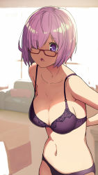 Rule 34 | 1girl, :o, alternate costume, arms behind back, bra, breasts, cleavage, collarbone, couch, eyes visible through hair, fate/grand order, fate (series), glasses, highres, indoors, looking at viewer, mash kyrielight, medium breasts, navel, panties, pink hair, purple bra, purple eyes, purple panties, red-framed eyewear, short hair, solo, standing, tomitayaki, underwear, underwear only