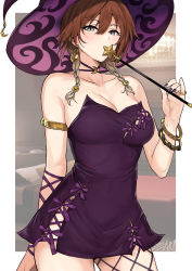 Rule 34 | 1girl, aketa mikoto, armlet, bare shoulders, blush, bracelet, braid, breasts, brown hair, cleavage, collarbone, cross-laced clothes, cross-laced dress, dress, gradient hair, hair between eyes, hat, highres, holding, holding wand, idolmaster, idolmaster shiny colors, jewelry, looking at viewer, medium breasts, multicolored eyes, multicolored hair, nail polish, purple dress, side slit, single fishnet legwear, solo, strapless, strapless dress, tsurui, twin braids, wand, witch hat