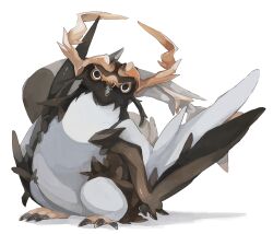 Rule 34 | animal focus, beak, bird, black eyes, brown horns, claws, commentary request, full body, horns, looking at viewer, monster, no humans, omarumaru, open mouth, original, penguin, sharp teeth, simple background, solo, tail, teeth, white background, wings