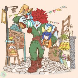 Rule 34 | 1girl, 2boys, age difference, armband, arms up, arrow (symbol), banner, barrel, black skin, blue coat, blue hair, blue skin, bob cut, boots, bow, brown footwear, brown gloves, brown hat, carrying, carrying person, carrying under arm, chocobo, coat, cobblestone, colored skin, commentary, day, detached sleeves, dreadlocks, eating, eiko carol, english text, expressionless, final fantasy, final fantasy ix, flower, food, full body, full mouth, gloves, green pants, green tunic, hair bow, hair over eyes, hat, height difference, high collar, highres, holding, holding food, horns, jitome, ladder, lamppost, leather belt, leather footwear, long sleeves, map, market, medium hair, morry kakaka, multiple boys, muscular, muscular male, orange shirt, outdoors, pants, pink flower, puffy pants, red facial hair, red hair, sabotender, salamander coral, shirt, sign, single horn, sitting on shoulder, sleeveless, solid oval eyes, striped clothes, striped pants, town, vertical-striped clothes, vertical-striped pants, vivi ornitier, witch hat, wrist cuffs, yellow bow, yellow eyes