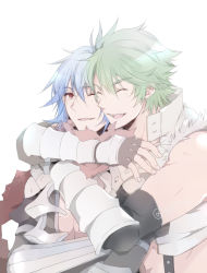 Rule 34 | 2boys, armor, assassin cross (ragnarok online), black gloves, black shirt, blue hair, commentary request, crop top, eremes guile, fingerless gloves, gauntlets, gloves, green hair, hair between eyes, howard alt-eisen, hug, hug from behind, long hair, looking at another, looking to the side, male focus, multiple boys, one eye closed, open clothes, open mouth, open shirt, pauldrons, ragnarok online, red eyes, red scarf, scarf, shirt, short hair, shoulder armor, signature, simple background, smile, sptbird, suspenders, torn clothes, torn scarf, torn shirt, upper body, white background, white shirt, whitesmith (ragnarok online), yaoi