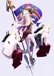 Rule 34 | 1girl, absurdres, arched back, artist logo, azur lane, blonde hair, blue background, blue eyes, boots, cape, character request, code geass, commentary request, commission, dress, eyelashes, flag, forehead, from side, full body, gloves, gold trim, hair ornament, hand up, head tilt, highres, holding, legs, long sleeves, looking at viewer, looking to the side, parted lips, pixiv commission, polearm, red dress, shadow, sidelocks, simple background, solo, spear, standing, suryua, thigh boots, thighs, weapon, white cape, white footwear, white gloves