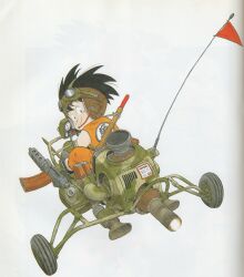 Rule 34 | 1boy, absurdres, aircraft, ammunition box, aviator cap, bare arms, black eyes, black footwear, black hair, camouflage, caution, clothes writing, commentary, dougi, dragon ball, dragon ball (classic), flag, goggles, goggles on head, gun, happy, headset, highres, light machine gun, looking at viewer, looking back, machine gun, male focus, messy hair, official art, piloting, radio antenna, red flag, ruyi jingu bang, science fiction, sheath, sheathed, shoes, simple background, smile, son goku, sticker, tank (container), tareme, toriyama akira, ventilation shaft, weapon, weapon request, white background