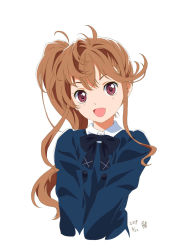 Rule 34 | 22/7, :d, black bow, blue shirt, bow, brown eyes, brown hair, dated, highres, long hair, long sleeves, looking at viewer, open mouth, pizza man, shirt, sidelocks, simple background, smile, toda jun, uniform, upper body, white background