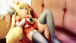 Rule 34 | 1girl, animal ears, arm up, black thighhighs, blonde hair, blue eyes, breasts, cleavage, couch, detached sleeves, fox ears, fox tail, garter straps, highres, leg up, legs, long hair, lying, multiple tails, nontraditional miko, original, skirt, solo, superhero (artist), tail, thighhighs