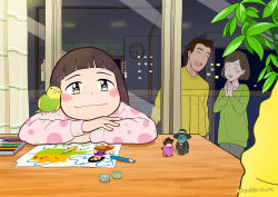 Rule 34 | bird, black eyes, black hair, blunt bangs, blush, brown hair, building, child, clock, closed eyes, colored pencil, commentary request, curtains, drawing, green shirt, heart, heart-shaped pupils, jupachi18, leaf, long sleeves, night, open mouth, original, pencil, pink shirt, plant, polka dot, reflection, shirt, short hair, signature, sky, smile, star (sky), starry sky, swept bangs, symbol-shaped pupils, twitter username, wall clock, window, yellow shirt