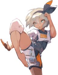 Rule 34 | 1girl, absurdres, barefoot, bea (pokemon), black bodysuit, black hairband, bodysuit, bodysuit under clothes, collared shirt, commentary request, creatures (company), game freak, gara (qbeuxvii22), grey eyes, grey hair, hair between eyes, hairband, highres, knee pads, nintendo, open mouth, pokemon, pokemon swsh, shirt, short hair, short sleeves, shorts, simple background, solo, standing, standing on one leg, white background, white shorts