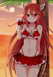 Rule 34 | 1girl, bare shoulders, bikini, bikini top lift, clothes lift, cloud, collarbone, cordelia (fire emblem), day, female focus, fingerless gloves, fire emblem, fire emblem awakening, fire emblem heroes, gloves, hair ornament, lifted by self, long hair, looking at viewer, matching hair/eyes, navel, nintendo, outdoors, pool, red bikini, red eyes, red gloves, red hair, shell, shiny skin, shy, sky, solo, standing, star (symbol), sunset, sweatdrop, swimsuit, winged hair ornament