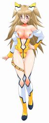 Rule 34 | 1girl, bare shoulders, breasts, cleavage, collar, detached sleeves, diol twee, frills, highres, konami, large breasts, leotard, long hair, navel, official art, otomedius, red eyes, revealing clothes, simple background, solo, xexex, yellow theme, yoshizaki mine