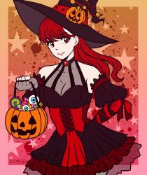 Rule 34 | absurdres, alternate costume, breasts, candy, choker, cleavage, commission, corset, dress, eleoyasha, food, halloween, halloween bucket, halloween costume, hat, highres, jack-o&#039;-lantern, large breasts, looking at viewer, persona, persona 5, persona 5 the royal, red hair, skirt, smile, solo, witch, witch hat, yoshizawa kasumi