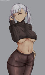 Rule 34 | 1girl, belly, black clover, black legwear, breasts, grey background, highres, large breasts, noelle silva, pantyhose, pink eyes, simple background, thick thighs, thighs, twintails, underboob, white hair, yomichiboy