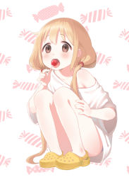 Rule 34 | 10s, 1girl, bad id, bad pixiv id, blonde hair, blush, brown eyes, candy, collarbone, convenient leg, crocs, food, full body, furururu, futaba anzu, hair tie, hand on leg, holding, holding candy, holding food, holding lollipop, idolmaster, idolmaster cinderella girls, licking, lollipop, long hair, looking at viewer, low twintails, off shoulder, open mouth, oversized clothes, panties, shirt, shoes, short sleeves, solo, squatting, t-shirt, twintails, underwear, very long hair, white background, white shirt, yellow footwear