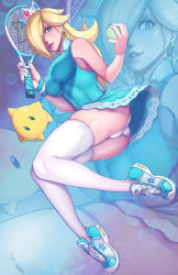 Rule 34 | 1girl, ass, ball, bare shoulders, blonde hair, blue dress, blue eyes, breasts, crown, dress, earrings, full body, hair over one eye, highres, its just suppi, jewelry, lips, long hair, luma (mario), mario (series), mario tennis, mario tennis aces, medium breasts, nail polish, nintendo, open mouth, panties, racket, rosalina, shoes, skin tight, smile, sneakers, star (symbol), star earrings, sweatband, teeth, tennis ball, tennis racket, thighhighs, underwear, upper teeth only, upskirt, watermark, white panties, white thighhighs, zoom layer