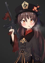 Rule 34 | 1girl, absurdres, black background, black nails, black shorts, brown hair, chinese clothes, cigarette, commentary, commentary request, english commentary, flower, genshin impact, gun, hair between eyes, hat, hat flower, hat ornament, highres, holding, holding gun, holding weapon, hu tao (genshin impact), long hair, long sleeves, looking at viewer, mixed-language commentary, mouth hold, nail polish, parted lips, red eyes, shorts, sidelocks, simple background, smoke, smoking, solo, submachine gun, symbol-shaped pupils, thompson submachine gun, trigger discipline, weapon, zen (user hwzv3542)