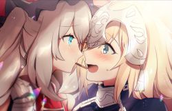 Rule 34 | 2girls, blonde hair, blue eyes, blush, bow, eye contact, fate/apocrypha, fate/grand order, fate (series), food, frilled hat, frills, gauntlets, gloves, hair ribbon, hat, hat bow, headpiece, jeanne d&#039;arc (fate), jeanne d&#039;arc (ruler) (fate), large hat, long hair, looking at another, marie antoinette (fate), multiple girls, no-kan, open mouth, pocky, purple eyes, red headwear, ribbon, silver hair, smile, twintails, upper body, white bow, yuri