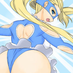 Rule 34 | 1990s (style), 1girl, arm cutout, ass, ass focus, back cutout, bad id, bad pixiv id, blonde hair, blue eyes, capcom, clothing cutout, heart, heart cutout, hip attack, leotard, long hair, looking back, rainbow mika, retro artstyle, solo, street fighter, street fighter zero (series), tsukudani (coke-buta), twintails