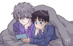 Rule 34 | 2boys, :3, ahoge, artist name, black hair, blanket, blue eyes, blue pajamas, closed mouth, commentary, covering own mouth, grey hair, hand on own chin, hand over own mouth, hand up, hashimo99187365, head rest, highres, holding, holding phone, ikari shinji, long sleeves, looking at another, looking at phone, lying, male focus, multiple boys, nagisa kaworu, neon genesis evangelion, on stomach, pajamas, phone, pillow, purple pajamas, red eyes, shared blanket, short hair, simple background, smile, tearing up, under covers, upper body, white background, yaoi