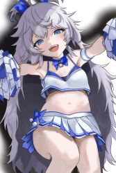 Rule 34 | 1girl, :d, ace giiive, black sports bra, blue bow, blue bowtie, blue eyes, blue ribbon, blue skirt, bow, bowtie, breasts, cheerleader, crop top, fang, goddess of victory: nikke, hair ribbon, highres, long hair, navel, official alternate costume, open mouth, poli (cheer up police) (nikke), poli (nikke), pom pom (cheerleading), reaching, reaching towards viewer, ribbon, shoes, short twintails, sidelocks, skirt, small breasts, smile, sneakers, socks, solo, sports bra, twintails, two-tone skirt, very long hair, wavy hair, white hair, white skirt, white socks