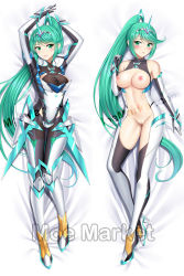 Rule 34 | 1girl, armor, arms up, blush, boots, breasts, cleavage, closed mouth, covered navel, daki-makura, dakimakura (medium), dress, elbow gloves, female focus, gem, gloves, green eyes, green hair, hair ornament, headpiece, jewelry, large breasts, long hair, looking at viewer, lying, matching hair/eyes, naughty face, navel, nervous, nintendo, nipples, nude, open mouth, pneuma (xenoblade), ponytail, pussy, shy, solo, spoilers, staring, surprised, swept bangs, thighhighs, third-party source, tiara, toes, uncensored, very long hair, watermark, white dress, xenoblade chronicles (series), xenoblade chronicles 2, yuj (moemarket)