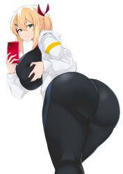 Rule 34 | 1girl, absurdres, ass, black pants, blonde hair, grabbing another&#039;s breast, breasts, cellphone, closed mouth, commission, grabbing, green eyes, highres, huge ass, large breasts, long sleeves, looking at viewer, maruyaa (malya1006), medium hair, original, pants, phone, ponytail, grabbing own breast, selfie, shirt, sidelocks, simple background, skeb commission, smartphone, smile, solo, sportswear, white background, white shirt