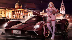 Rule 34 | 1girl, absurdres, armpits, aston martin, aston martin valkyrie, asymmetrical footwear, bare shoulders, belt, bikini, bikini bottom only, black bikini, black gloves, blonde hair, boots, breasts, brown thighhighs, cleavage, closed umbrella, clothing cutout, commentary, commission, contrapposto, crop top, crotch zipper, detached sleeves, english commentary, fingerless gloves, full body, gloves, green eyes, grin, halterneck, hand on own hip, high heel boots, high heels, highleg, highleg bikini, highres, holding, holding umbrella, kcar66t, large breasts, location request, long sleeves, looking at viewer, microphone, mole, mole on cheek, navel, night, no pants, original, partially fingerless gloves, race queen, real world location, scarf, shirt, skindentation, sleeveless, sleeveless shirt, smile, solo, spaghetti strap, standing, stomach, string bikini, swimsuit, thick thighs, thigh boots, thighhighs, thighs, umbrella, underboob, underboob cutout, union jack, white footwear, white shirt, white thighhighs, white umbrella, wide shot, zipper
