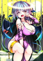 Rule 34 | 1girl, arm between legs, bare shoulders, bat wings, blue hair, blue tail, blue wings, bow, breasts, chain, cleavage, demon tail, dress, gold chain, halo, hand up, head wings, large breasts, light blue hair, medium hair, omochishiki, open mouth, orange eyes, original, purple dress, red bow, sitting, skindentation, solo, tail, tail bow, tail ornament, tail raised, tears, thighlet, wings