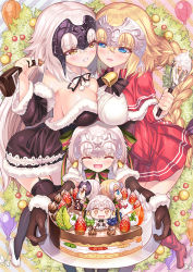 Rule 34 | 3girls, aged down, ahoge, alternate costume, artist request, bell, black gloves, blonde hair, blue eyes, blush, bow, breast press, breasts, cake, capelet, character doll, christmas, closed eyes, detached sleeves, dress, elbow gloves, fate/apocrypha, fate/grand order, fate (series), food, fur trim, gift, gloves, green ribbon, hair between eyes, hat, headpiece, holding, jeanne d&#039;arc (fate), jeanne d&#039;arc (ruler) (fate), jeanne d&#039;arc alter (avenger) (fate), jeanne d&#039;arc alter (fate), jeanne d&#039;arc alter santa lily (fate), large breasts, long hair, looking at viewer, multiple girls, open mouth, pov, red dress, ribbon, sack, santa costume, santa hat, short hair, silver hair, smile, striped bow, striped ribbon, symmetrical docking, yellow eyes