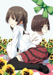 Rule 34 | 2girls, :p, ass, brown eyes, brown hair, flower, glasses, kneehighs, legs, luna (reclaimed land), multiple girls, one eye closed, original, pansy, plaid, plaid skirt, shoes, skirt, socks, thighhighs, tongue, tongue out, twintails, wink, yellow flower, yellow pansy