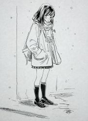 Rule 34 | 1girl, bag, blush, coat, full body, greyscale, hands in pockets, highres, hiro (dismaless), kneehighs, loafers, looking at viewer, medium hair, monochrome, original, outdoors, paper background, pleated skirt, scan, scarf, shoes, shoulder bag, signature, skirt, snow on head, snowing, socks, solo, traditional media, winter clothes, winter coat