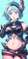 Rule 34 | 1girl, ahoge, arm guards, bad id, bad pixiv id, black gloves, black hairband, blue background, blue eyes, blue hair, blush, breasts, cleavage cutout, clothing cutout, commentary request, cowboy shot, crop top, djeeta (granblue fantasy), djeeta (granblue fantasy) (guider to the eternal edge), earrings, food, gloves, granblue fantasy, guider to the eternal edge, hair ornament, hairband, highres, holding, jewelry, looking at viewer, medium breasts, midriff, milli little, navel, open mouth, popsicle, red shorts, short hair, short shorts, shorts, signature, simple background, solo, standing