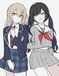 Rule 34 | 2girls, black hair, black jacket, blonde hair, blue skirt, cowboy shot, diagonal-striped clothes, diagonal-striped necktie, earrings, grey serafuku, grey skirt, hair between eyes, hair ornament, hairpin, hand on another&#039;s arm, hand on own chest, hand on own crotch, holding necktie, jacket, jewelry, kamiyama high school uniform (project sekai), light frown, long sleeves, looking at viewer, looking away, multiple girls, multiple hairpins, neckerchief, necktie, open mouth, pik4, plaid, plaid skirt, project sekai, red neckerchief, sailor collar, school uniform, serafuku, shirt, short hair, simple background, skirt, smile, star (symbol), star earrings, star hair ornament, striped clothes, swept bangs, twintails, white background, white sailor collar, white shirt, yellow eyes