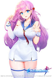 Rule 34 | 1girl, bare shoulders, blue eyes, blue sailor collar, blush, breasts, character request, cleavage, collarbone, copyright name, dress, earrings, hair between eyes, hand in own hair, hand on own chest, head tilt, jewelry, large breasts, light purple hair, long hair, looking at viewer, official art, parted lips, sailor collar, simple background, skindentation, smile, snowball22, soccer spirits, solo, standing, thighhighs, white background, white dress, white thighhighs, wrist cuffs
